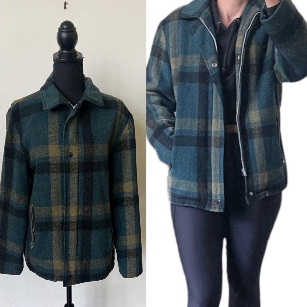 vintage 60’s dark green and blue tartan plaid wool motorcycle jacket